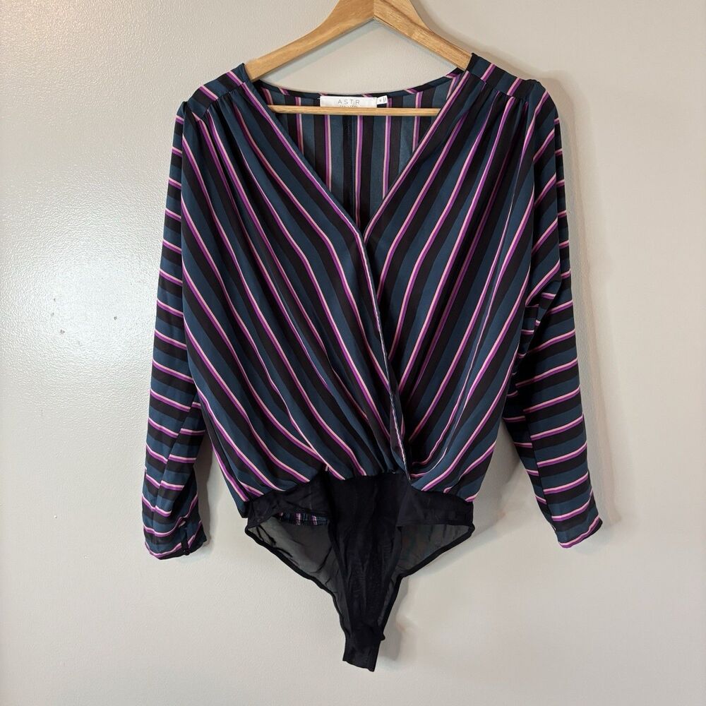 Astr The Label Womens Bodysuit Teal Purple Stripe Wrap Blouse Sz Medium